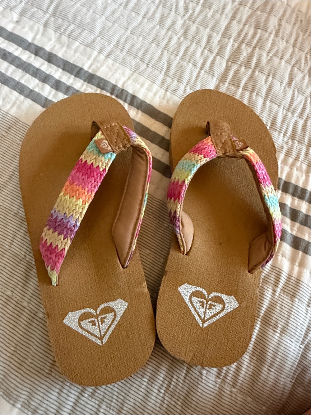 Roxy Kids Multicolor Knit-Striped Flip Flops with Brown Footbed